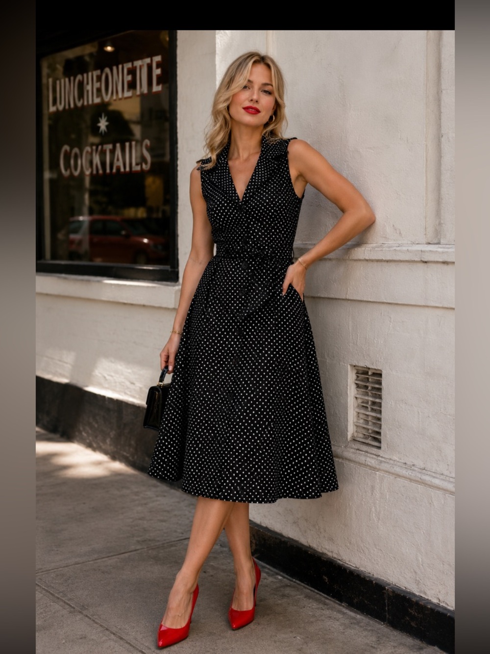 100% Cotton Talbots Polka Dot Sleeveless Midi Shirt Dress - Rockabilly